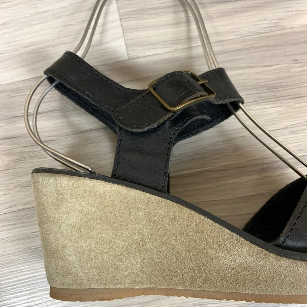 A.P.C. Wedge Sandals Womens 37 Black Leather Suede Platform Buckle F-50025 Shoes